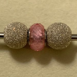 3 Charm Beads: 2 Glitter & Pink Sterling Italy